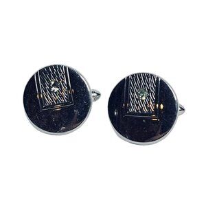 Vintage Swank Round Etched Silver Tone And Rhinestone Cufflinks (994)
